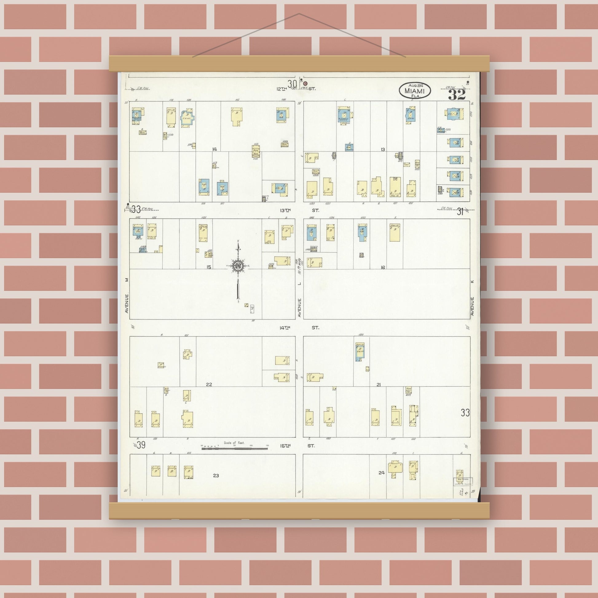 Old map wall art mockup — magnetic wood frame on brick wall — Sanborn Fire Insurance Map from Miami, Dade County, Florida (1914), Sheet #0032