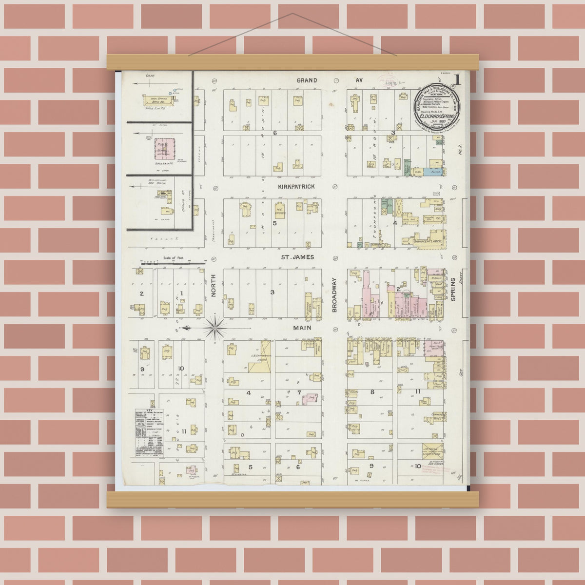 Old map wall art mockup — magnetic wood frame on brick wall — Sanborn Fire Insurance Map from Eldorado Springs, Cedar County, Missouri (1889) - Complete Map Set