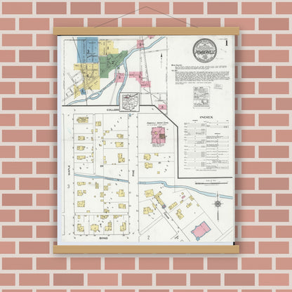 Old map wall art mockup — magnetic wood frame on brick wall — Sanborn Fire Insurance Map from Pemberville, Wood County, Ohio (1920), Sheet #0001