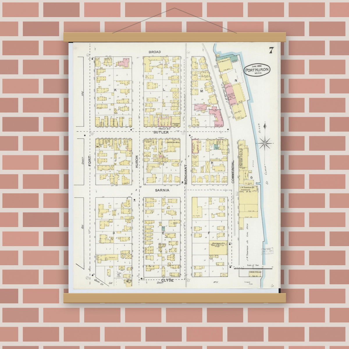 Old map wall art mockup — magnetic wood frame on brick wall — Sanborn Fire Insurance Map from Port Huron, Saint Clair County, Michigan (1892), Sheet #0007