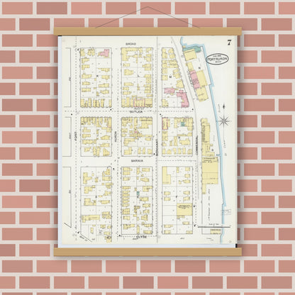 Old map wall art mockup — magnetic wood frame on brick wall — Sanborn Fire Insurance Map from Port Huron, Saint Clair County, Michigan (1892), Sheet #0007