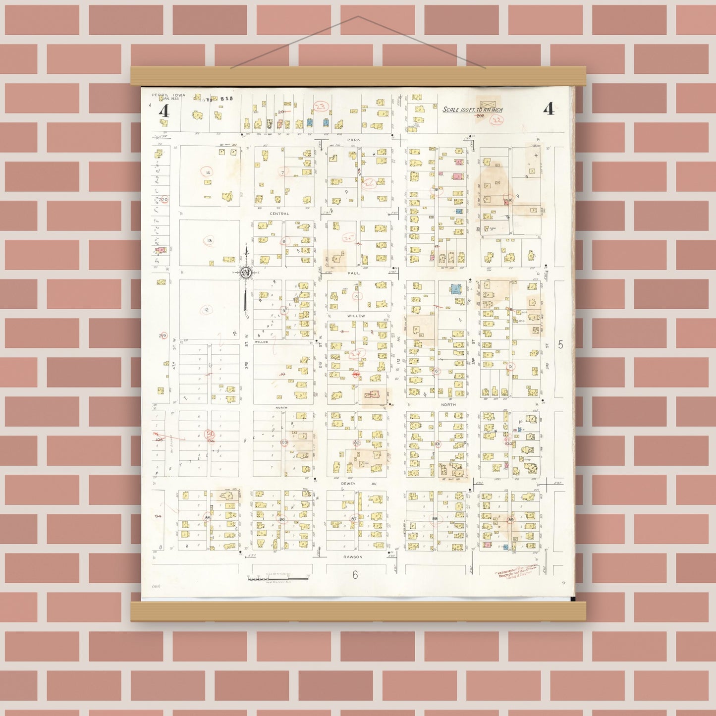 Old map wall art mockup — magnetic wood frame on brick wall — Sanborn Fire Insurance Map from Perry, Dallas County, Iowa (1947), Sheet #0004