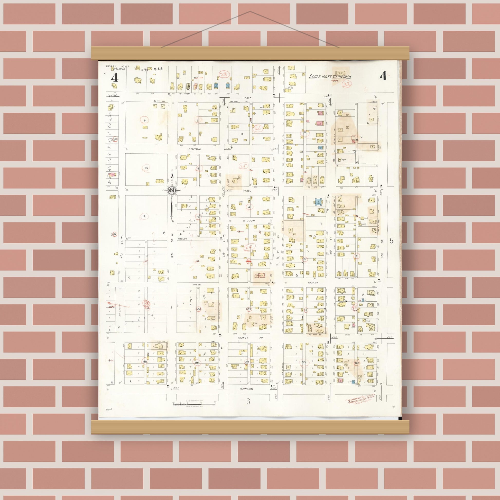 Old map wall art mockup — magnetic wood frame on brick wall — Sanborn Fire Insurance Map from Perry, Dallas County, Iowa (1947), Sheet #0004