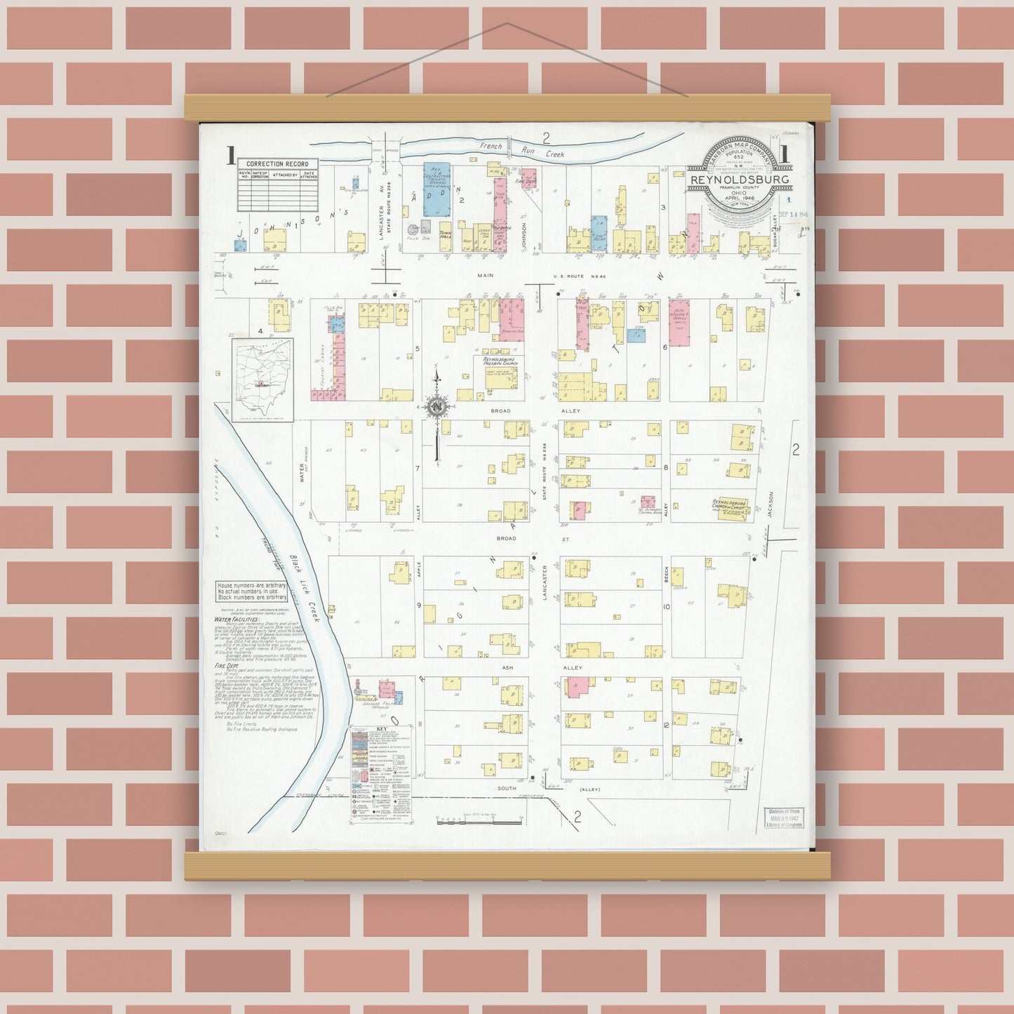 Old map wall art mockup — magnetic wood frame on brick wall — Sanborn Fire Insurance Map from Reynoldsburg, Franklin County, Ohio (1946) - Complete Map Set
