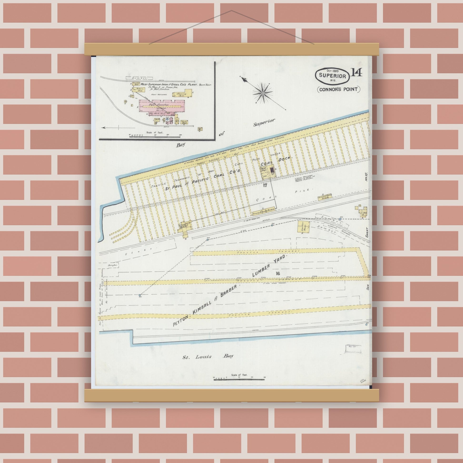 Old map wall art mockup — magnetic wood frame on brick wall — Sanborn Fire Insurance Map from Superior, Douglas County, Wisconsin (1889), Sheet #0014