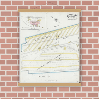 Old map wall art mockup — magnetic wood frame on brick wall — Sanborn Fire Insurance Map from Superior, Douglas County, Wisconsin (1889), Sheet #0014
