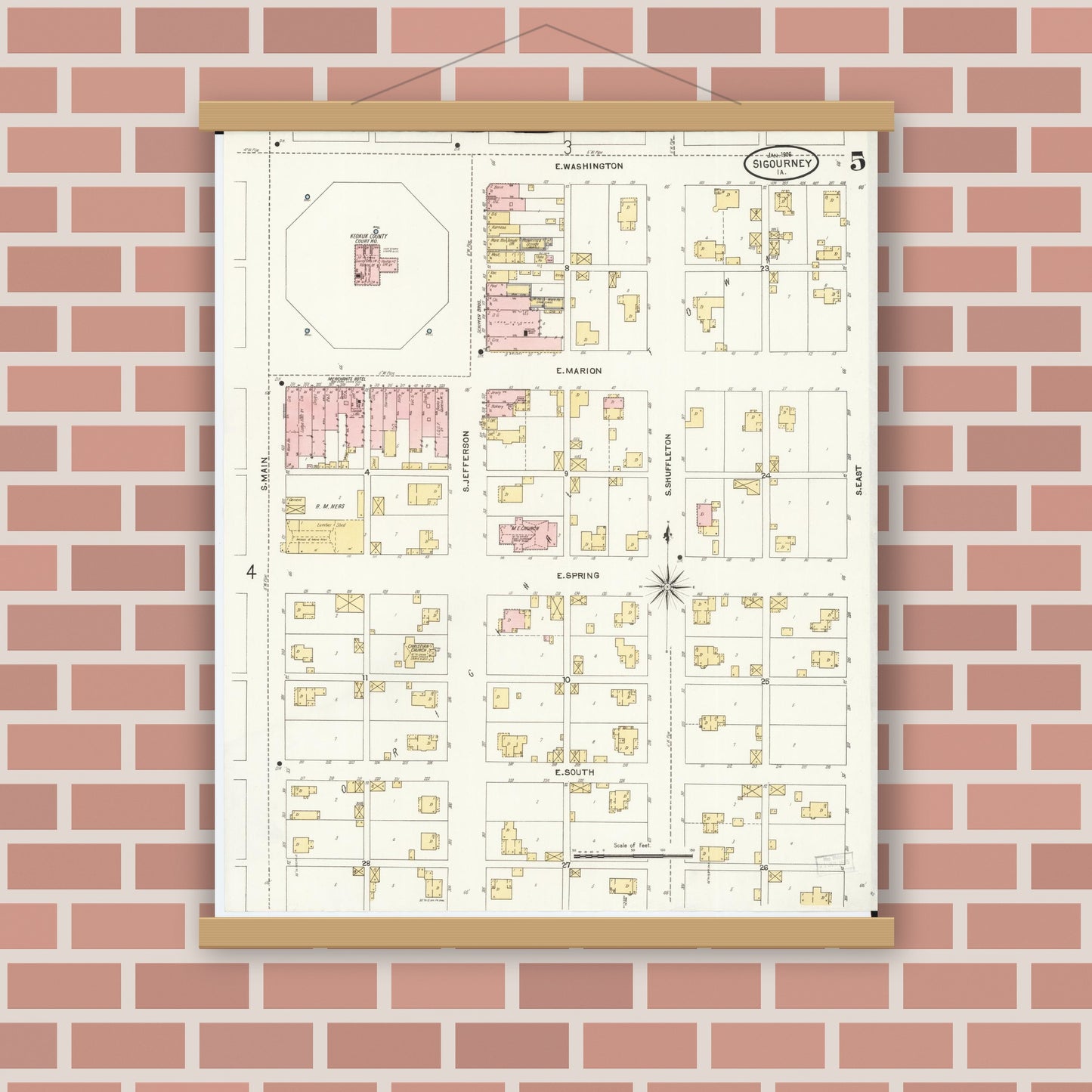 Old map wall art mockup — magnetic wood frame on brick wall — Sanborn Fire Insurance Map from Sigourney, Kiokuk County, Iowa (1906), Sheet #0005