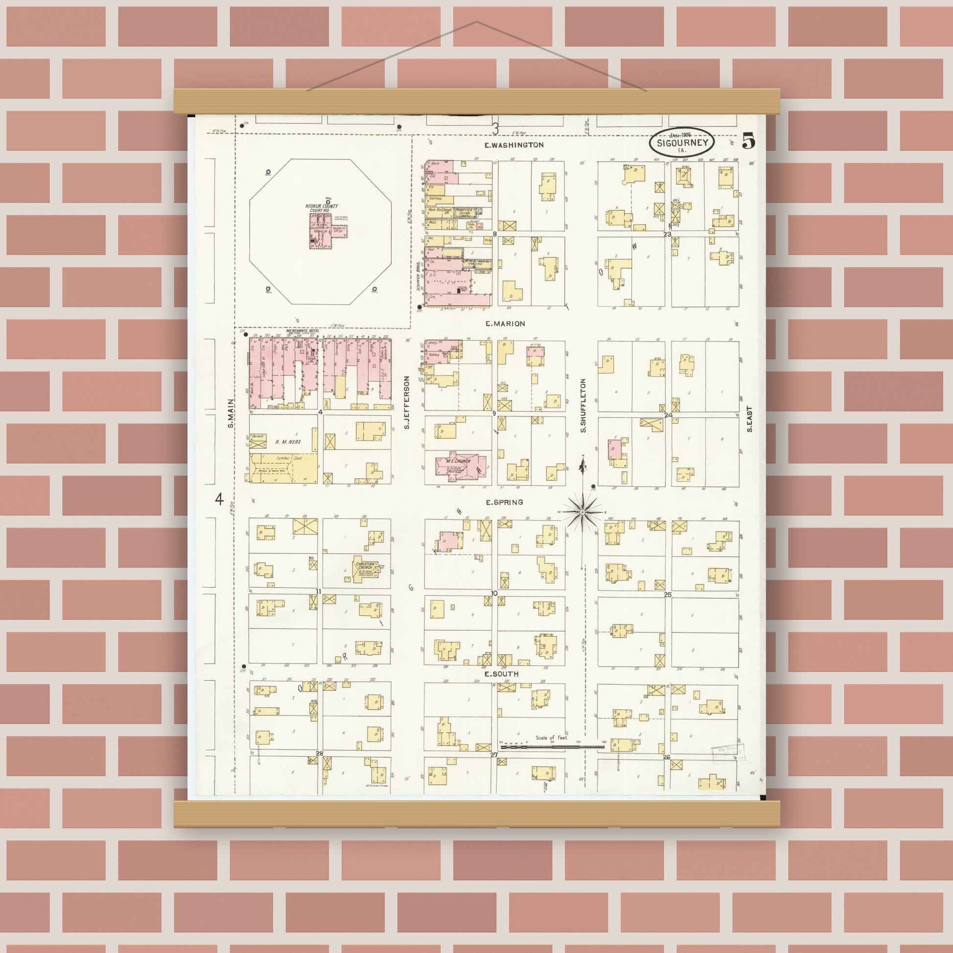 Old map wall art mockup — magnetic wood frame on brick wall — Sanborn Fire Insurance Map from Sigourney, Kiokuk County, Iowa (1906), Sheet #0005