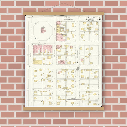 Old map wall art mockup — magnetic wood frame on brick wall — Sanborn Fire Insurance Map from Sigourney, Kiokuk County, Iowa (1906), Sheet #0005