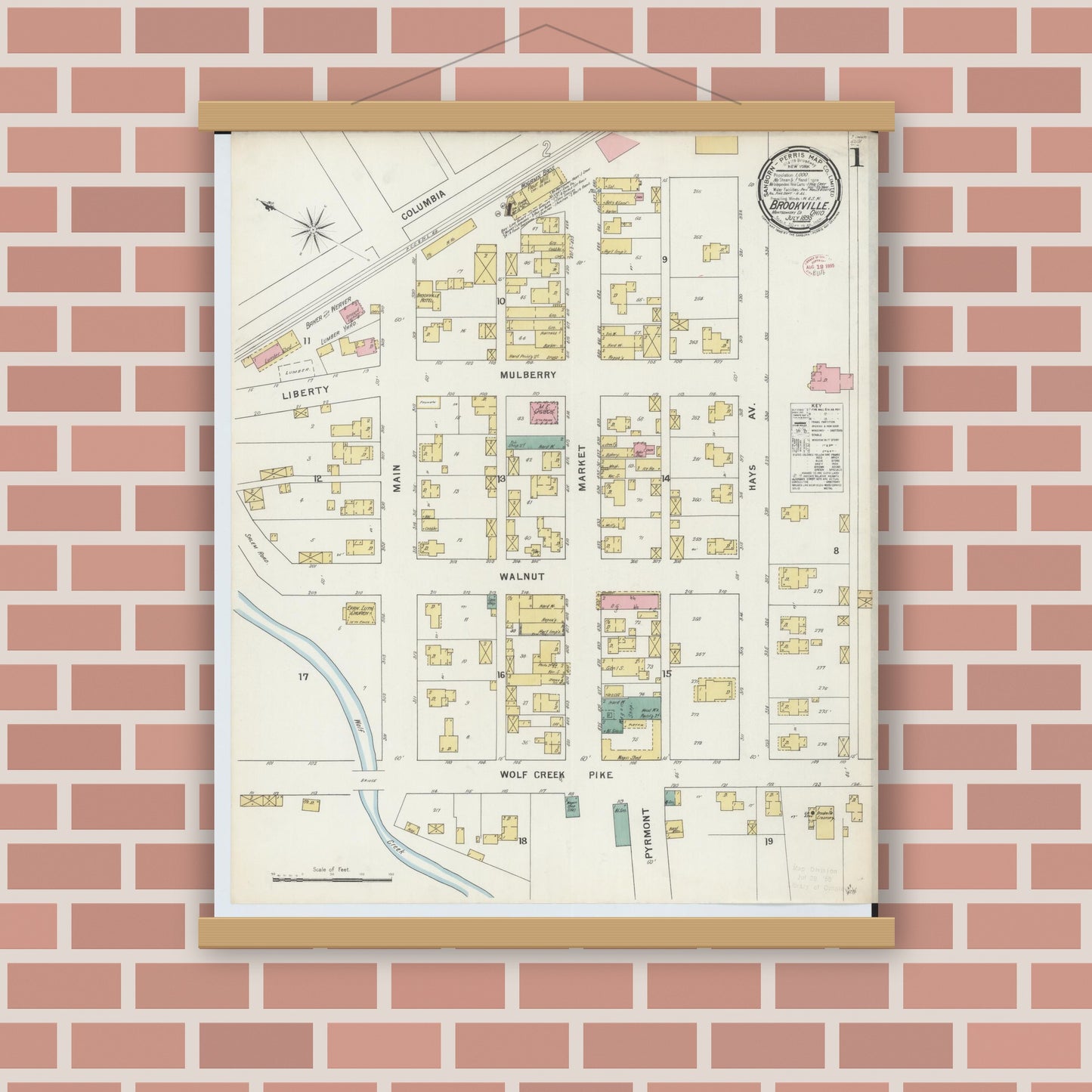 Old map wall art mockup — magnetic wood frame on brick wall — Sanborn Fire Insurance Map from Brookville, Montgomery County, Ohio (1895), Sheet #0001