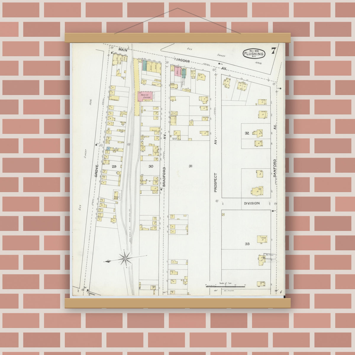 Old map wall art mockup — magnetic wood frame on brick wall — Sanborn Fire Insurance Map from Flushing, Queens County, New York (1892), Sheet #0007
