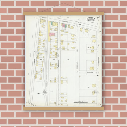 Old map wall art mockup — magnetic wood frame on brick wall — Sanborn Fire Insurance Map from Flushing, Queens County, New York (1892), Sheet #0007