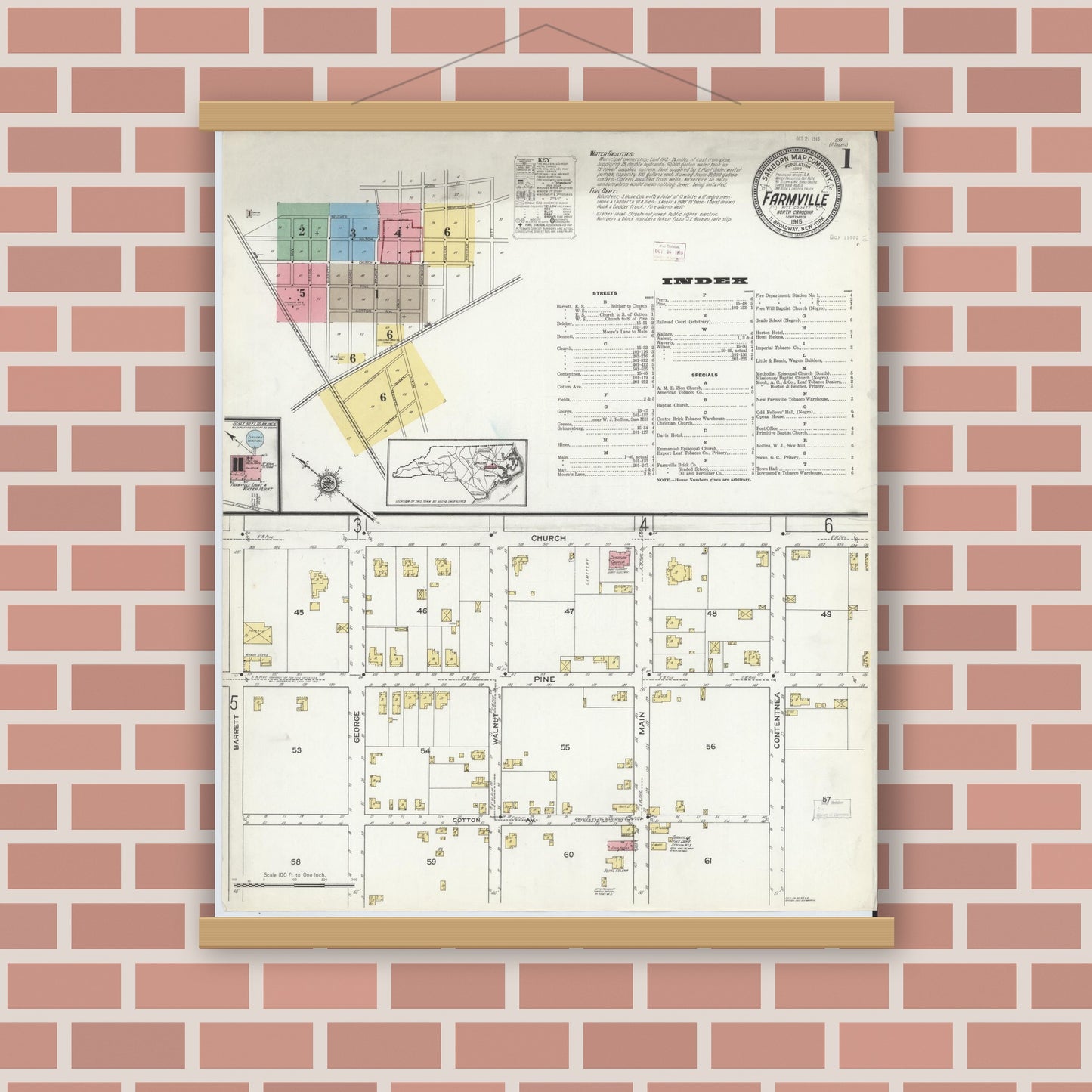 Old map wall art mockup — magnetic wood frame on brick wall — Sanborn Fire Insurance Map from Farmville, Pitt County, North Carolina (1915), Sheet #0001