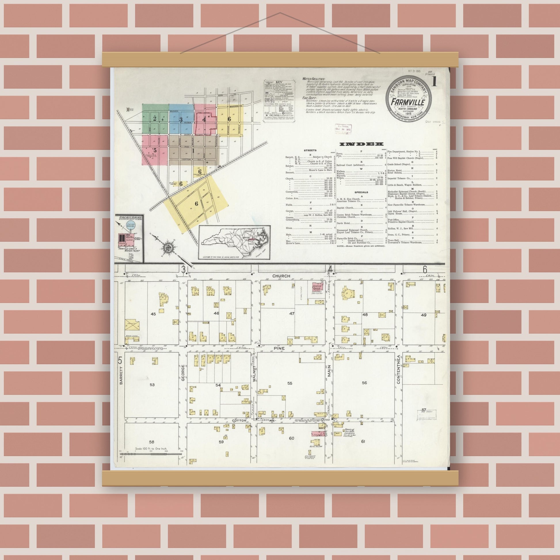 Old map wall art mockup — magnetic wood frame on brick wall — Sanborn Fire Insurance Map from Farmville, Pitt County, North Carolina (1915), Sheet #0001