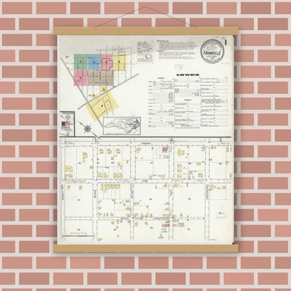 Old map wall art mockup — magnetic wood frame on brick wall — Sanborn Fire Insurance Map from Farmville, Pitt County, North Carolina (1915), Sheet #0001