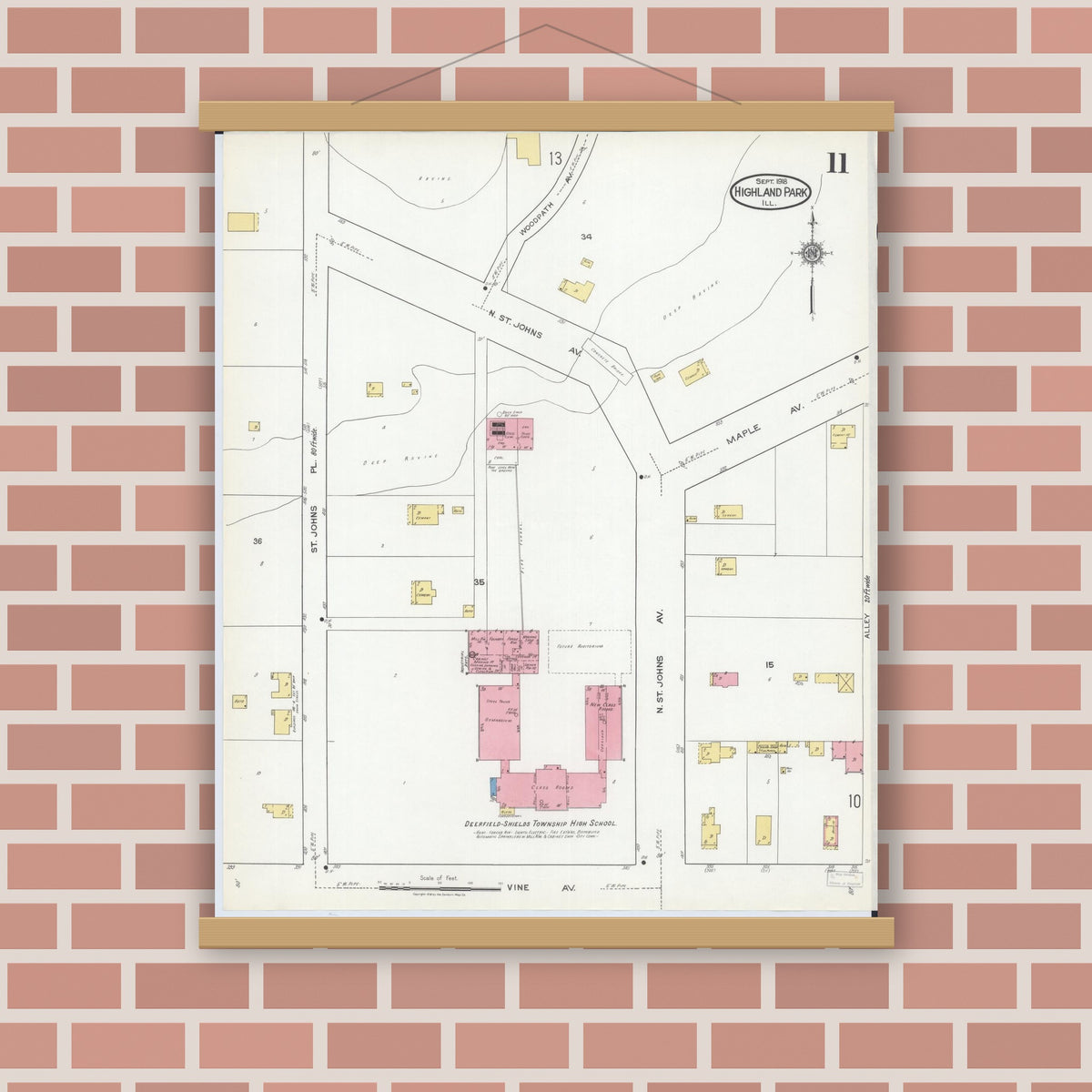 Old map wall art mockup — magnetic wood frame on brick wall — Sanborn Fire Insurance Map from Highland Park, Lake County, Illinois (1918), Sheet #0011