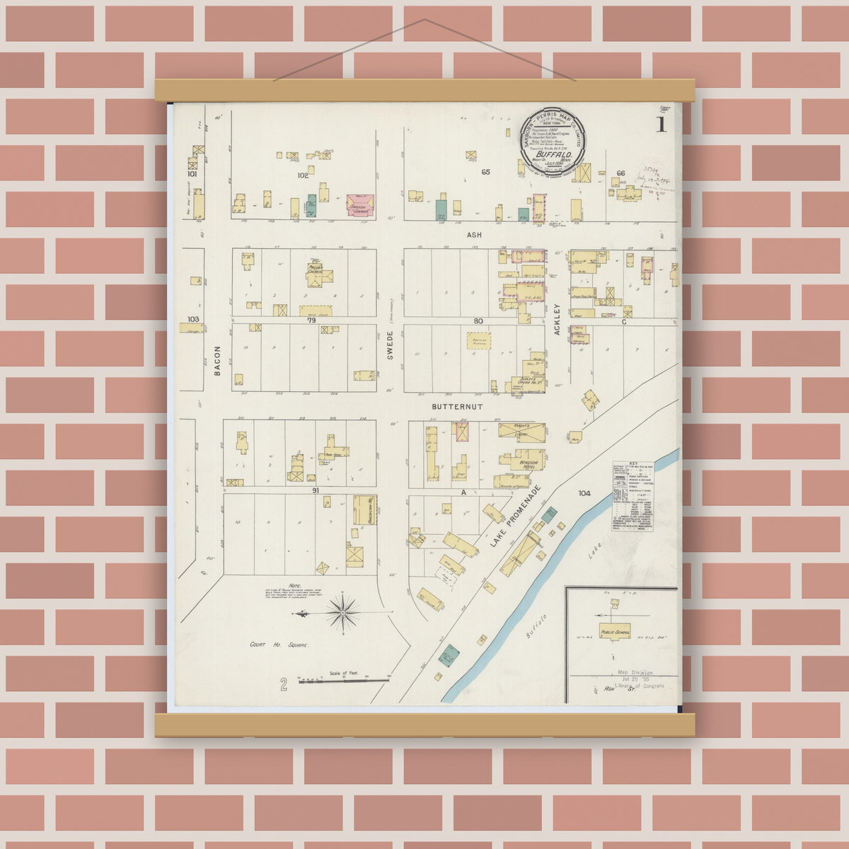 Old map wall art mockup — magnetic wood frame on brick wall — Sanborn Fire Insurance Map from Buffalo, Wright County, Minnesota (1894) - Complete Map Set