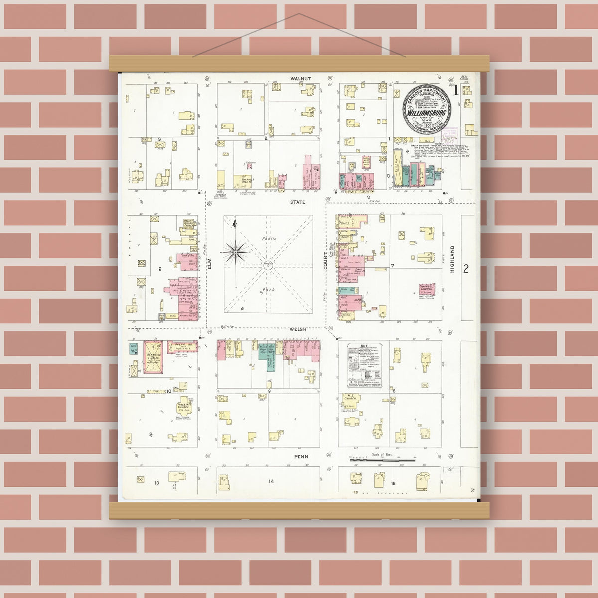 Old map wall art mockup — magnetic wood frame on brick wall — Sanborn Fire Insurance Map from Williamsburg, Iowa County, Iowa (1906), Sheet #0001