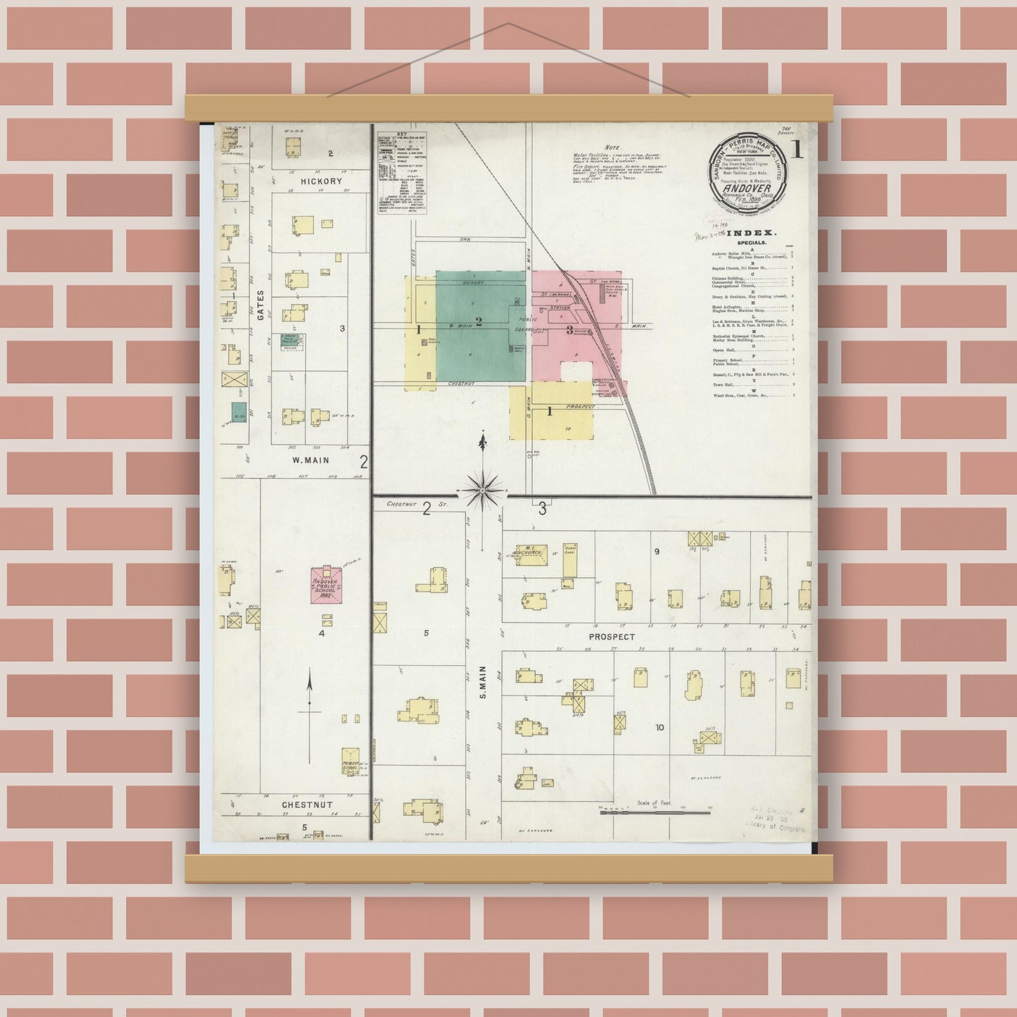 Old map wall art mockup — magnetic wood frame on brick wall — Sanborn Fire Insurance Map from Andover, Ashtabula County, Ohio (1896), Sheet #0001