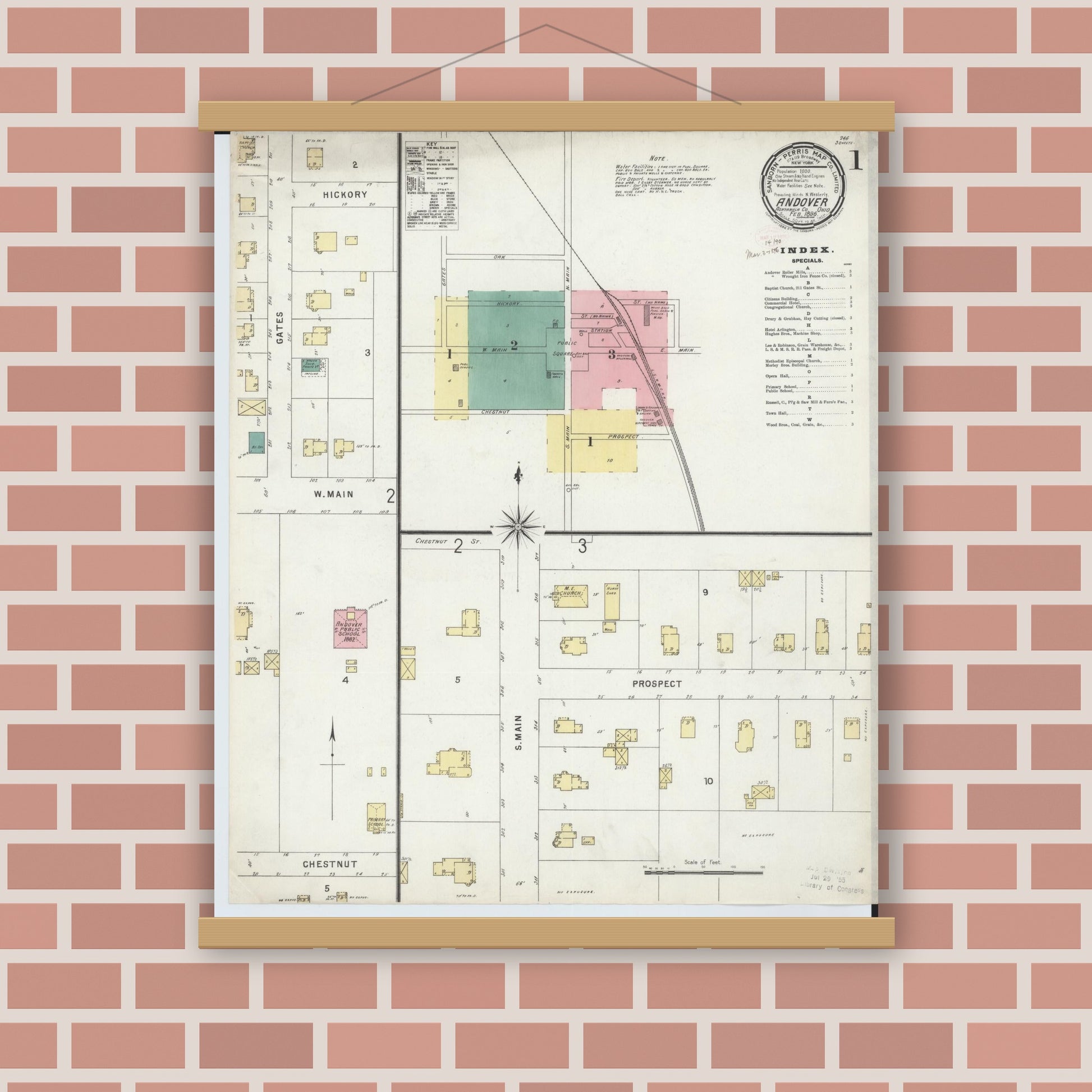 Old map wall art mockup — magnetic wood frame on brick wall — Sanborn Fire Insurance Map from Andover, Ashtabula County, Ohio (1896), Sheet #0001