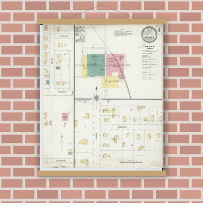 Old map wall art mockup — magnetic wood frame on brick wall — Sanborn Fire Insurance Map from Andover, Ashtabula County, Ohio (1896), Sheet #0001