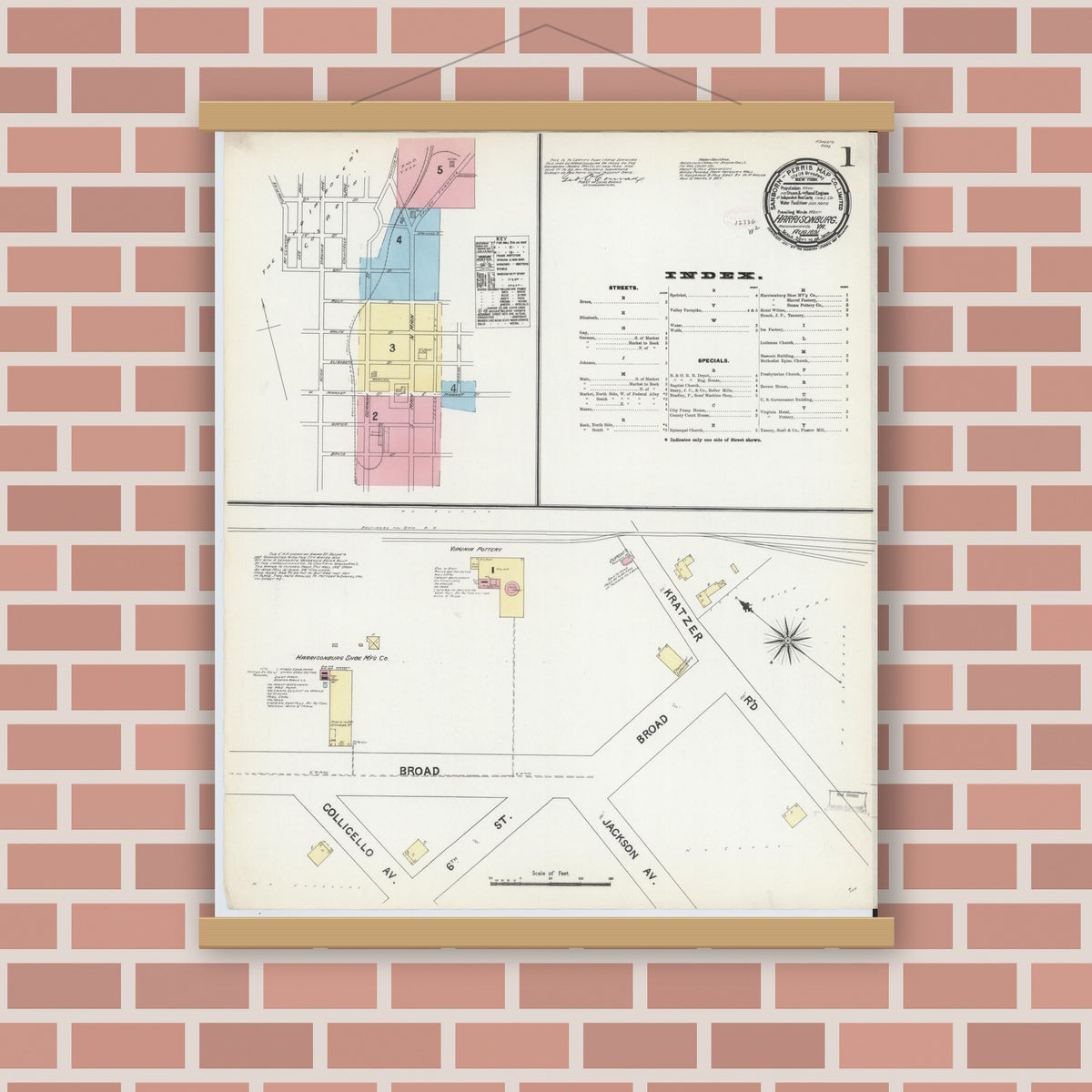 Old map wall art mockup — magnetic wood frame on brick wall — Sanborn Fire Insurance Map from Harrisonburg, Independent Cities, Virginia (1891) - Complete Map Set