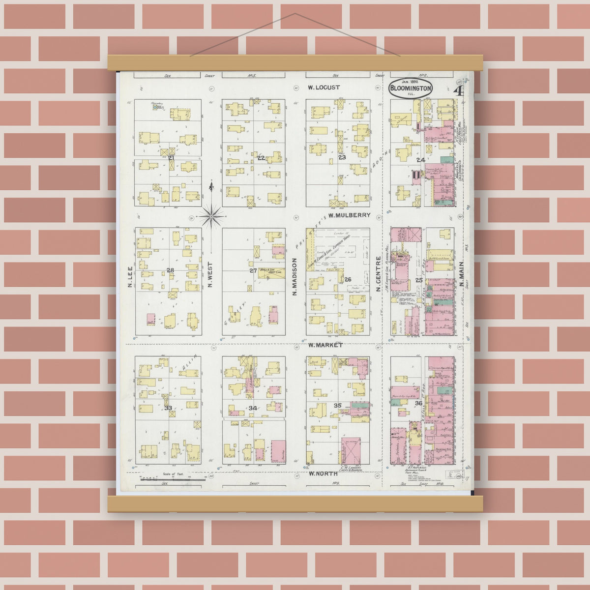 Old map wall art mockup — magnetic wood frame on brick wall — Sanborn Fire Insurance Map from Bloomington, McLean County, Illinois (1892), Sheet #0004