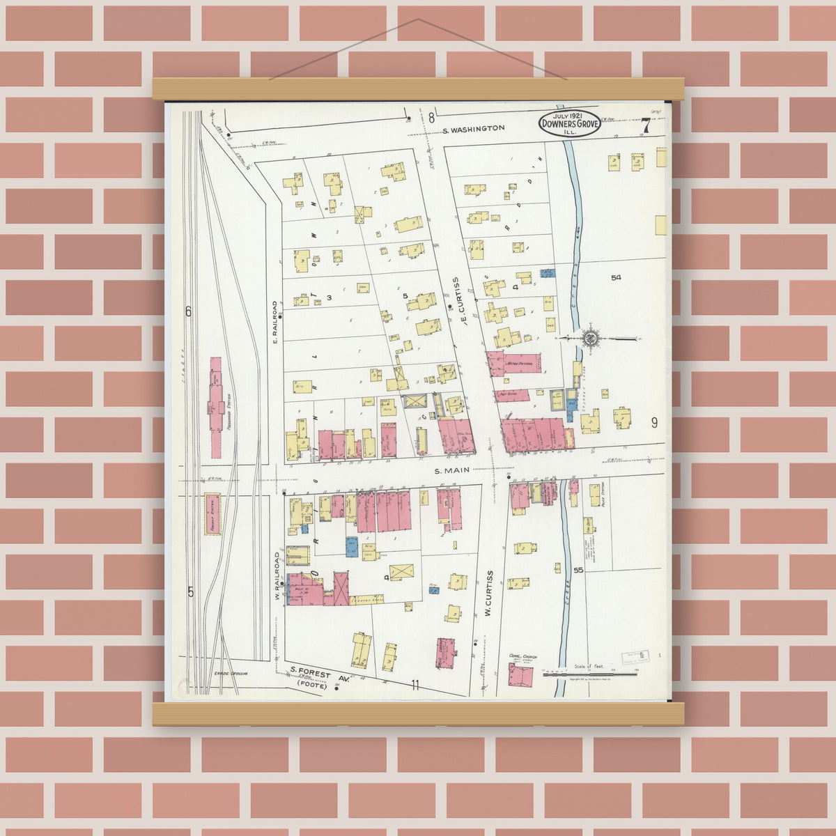 Old map wall art mockup — magnetic wood frame on brick wall — Sanborn Fire Insurance Map from Downers Grove, Dupage County, Illinois (1921), Sheet #0007