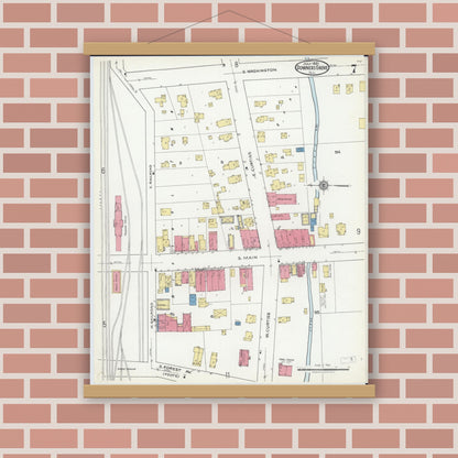 Old map wall art mockup — magnetic wood frame on brick wall — Sanborn Fire Insurance Map from Downers Grove, Dupage County, Illinois (1921), Sheet #0007