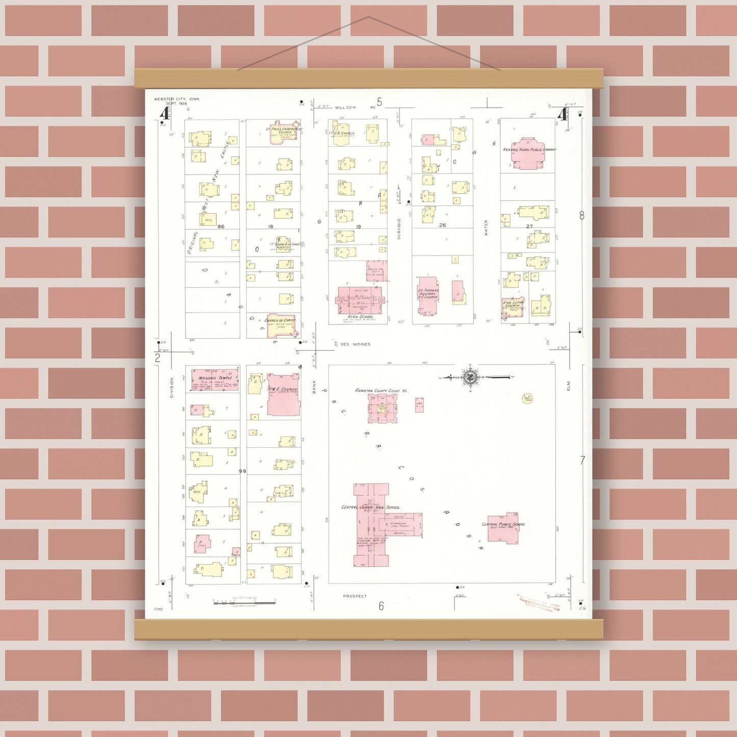 Old map wall art mockup — magnetic wood frame on brick wall — Sanborn Fire Insurance Map from Webster City, Hamilton County, Iowa (1938), Sheet #0004