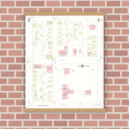 Old map wall art mockup — magnetic wood frame on brick wall — Sanborn Fire Insurance Map from Webster City, Hamilton County, Iowa (1938), Sheet #0004