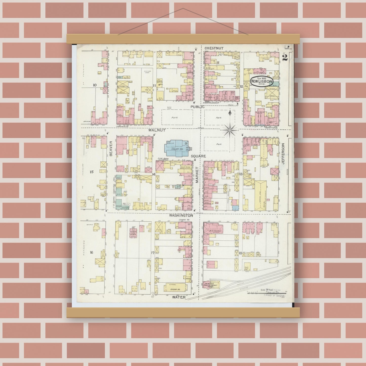 Old map wall art mockup — magnetic wood frame on brick wall — Sanborn Fire Insurance Map from New Lisbon, Columbiana County, Ohio (1893), Sheet #0002