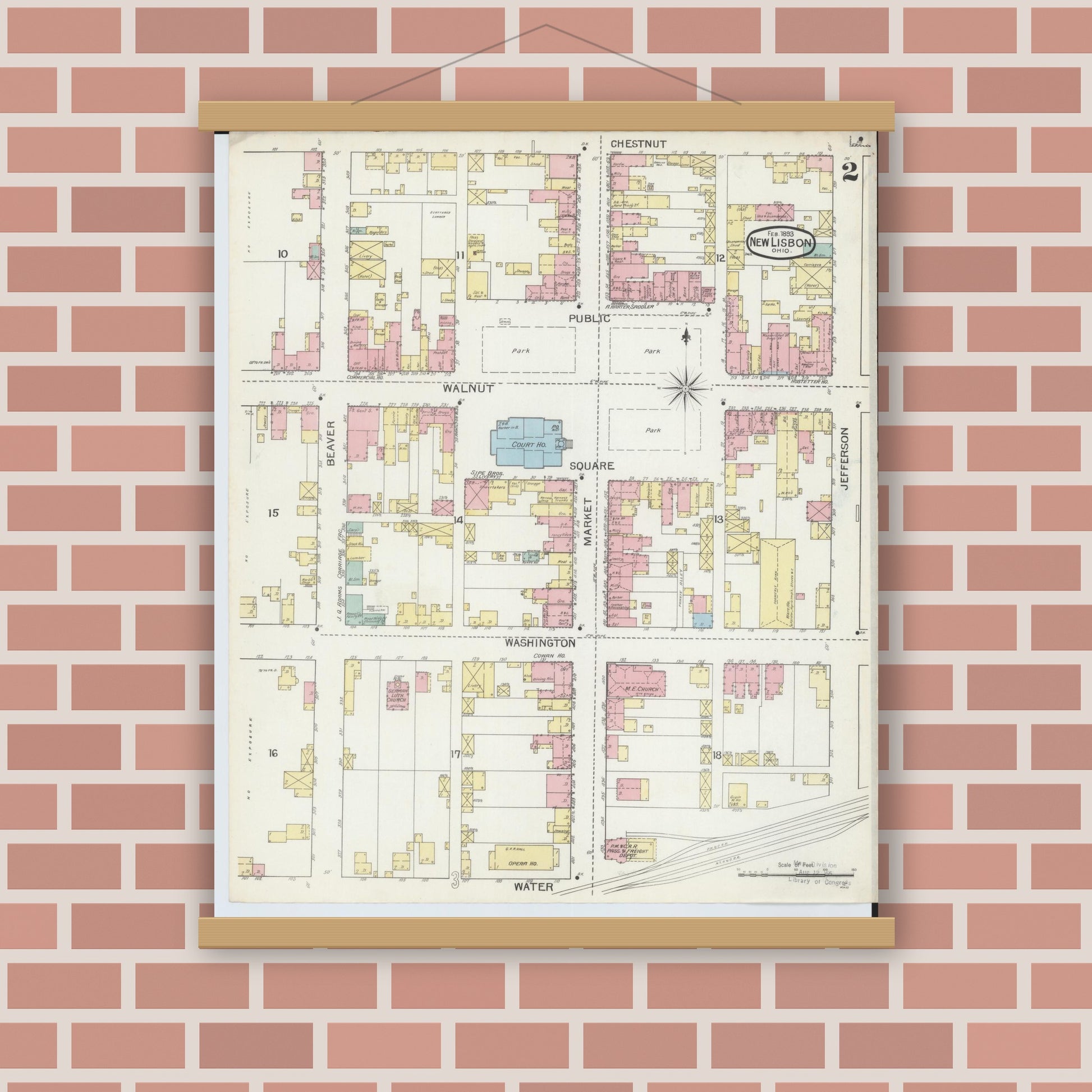 Old map wall art mockup — magnetic wood frame on brick wall — Sanborn Fire Insurance Map from New Lisbon, Columbiana County, Ohio (1893), Sheet #0002