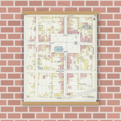 Old map wall art mockup — magnetic wood frame on brick wall — Sanborn Fire Insurance Map from New Lisbon, Columbiana County, Ohio (1893), Sheet #0002