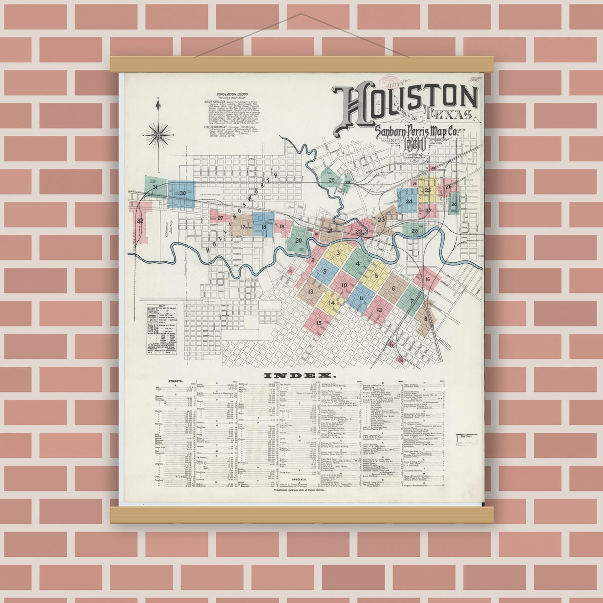 Old map wall art mockup — magnetic wood frame on brick wall — Sanborn Fire Insurance Map from Houston, Harris County, Texas (1890) - Complete Map Set