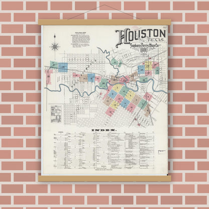 Old map wall art mockup — magnetic wood frame on brick wall — Sanborn Fire Insurance Map from Houston, Harris County, Texas (1890) - Complete Map Set
