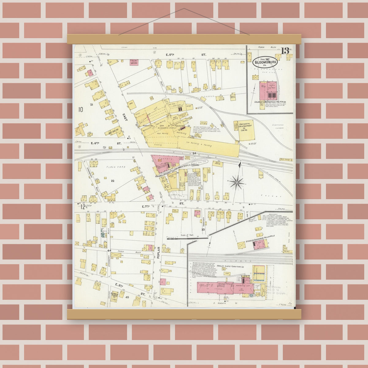 Old map wall art mockup — magnetic wood frame on brick wall — Sanborn Fire Insurance Map from Bloomsburg, Columbia County, Pennsylvania (1907), Sheet #0013