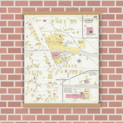Old map wall art mockup — magnetic wood frame on brick wall — Sanborn Fire Insurance Map from Bloomsburg, Columbia County, Pennsylvania (1907), Sheet #0013