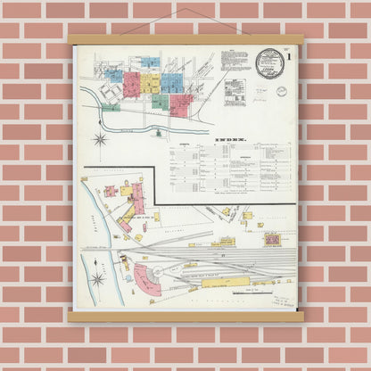 Old map wall art mockup — magnetic wood frame on brick wall — Sanborn Fire Insurance Map from Logan, Hocking County, Ohio (1900), Sheet #0001