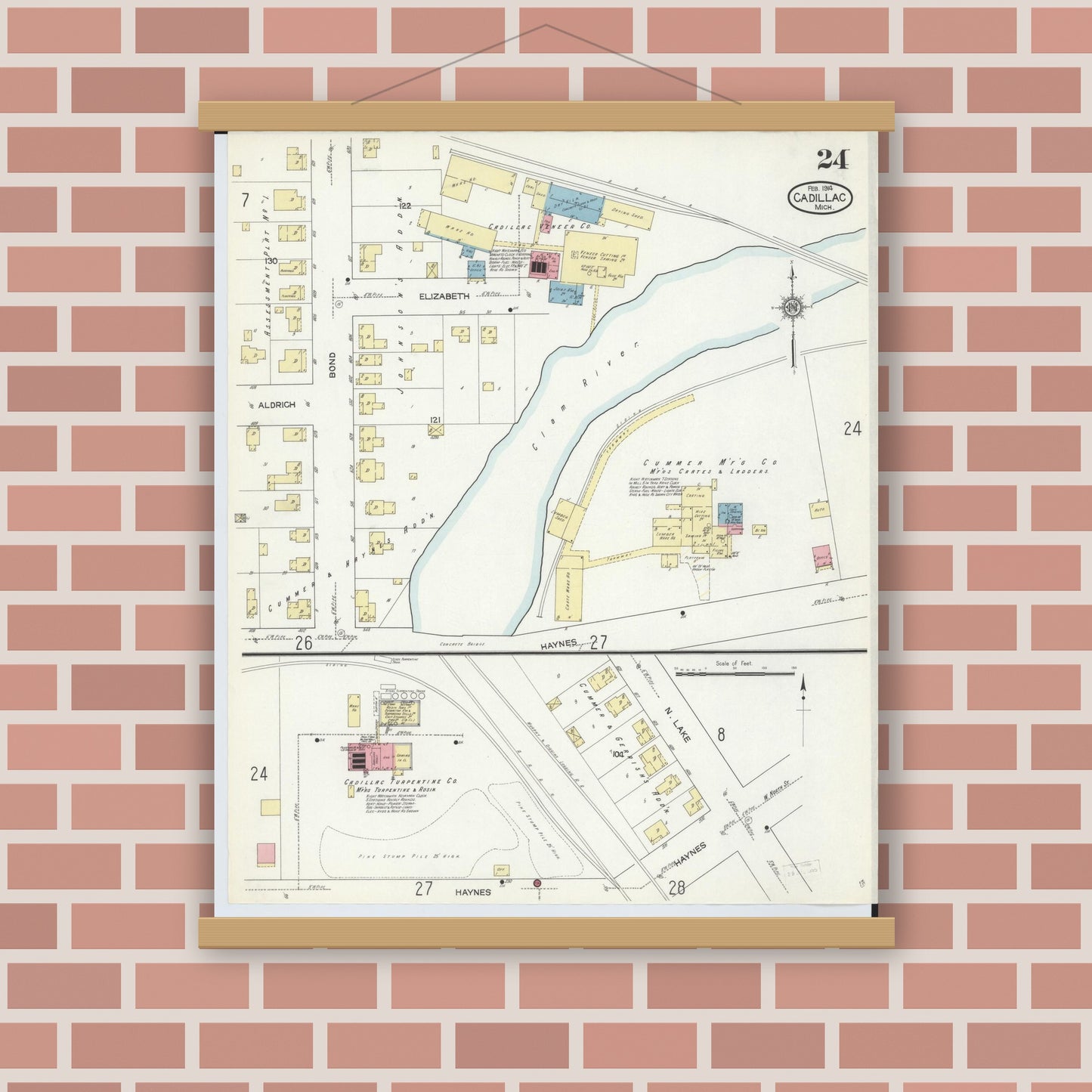 Old map wall art mockup — magnetic wood frame on brick wall — Sanborn Fire Insurance Map from Cadillac, Wexford County, Michigan (1914), Sheet #0024