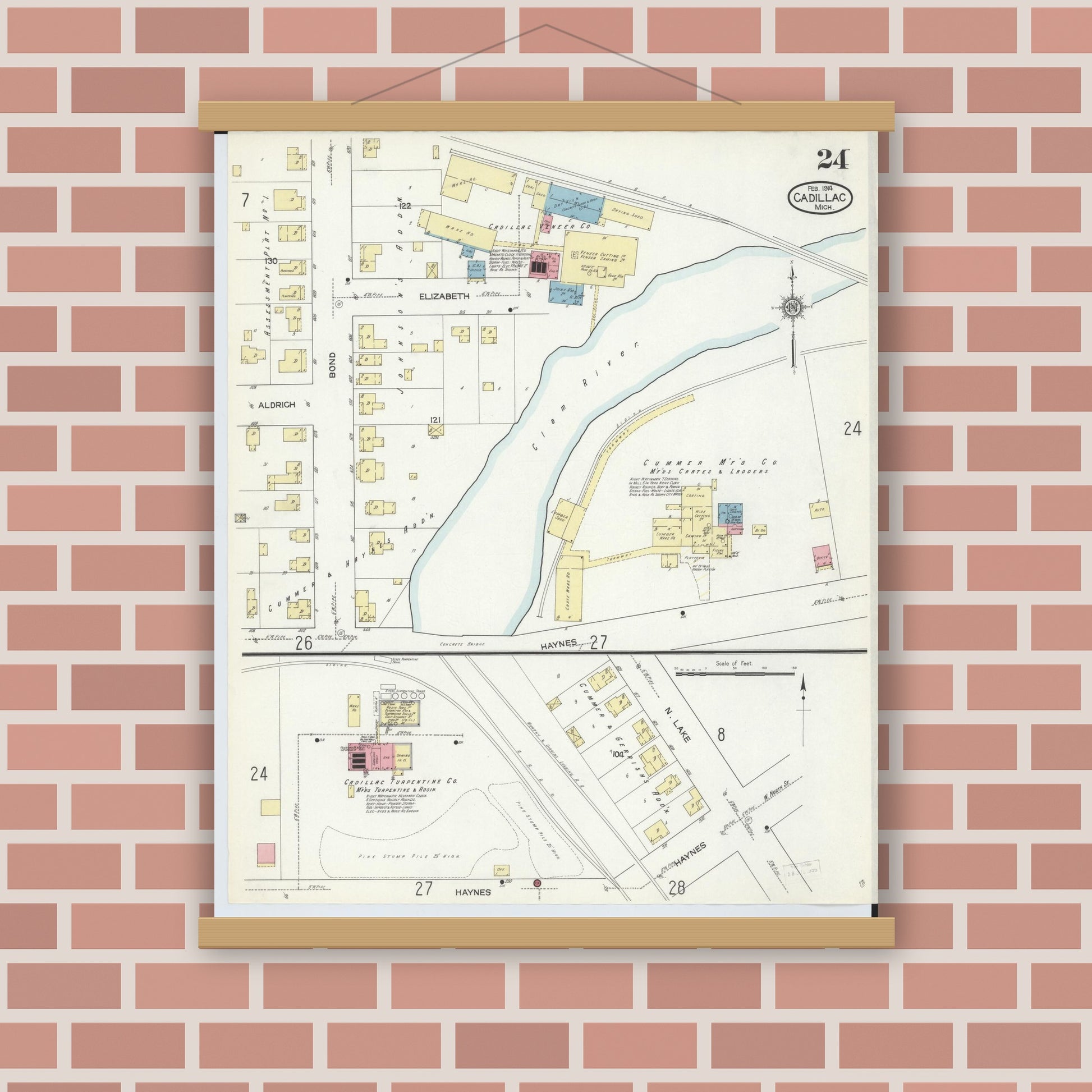 Old map wall art mockup — magnetic wood frame on brick wall — Sanborn Fire Insurance Map from Cadillac, Wexford County, Michigan (1914), Sheet #0024