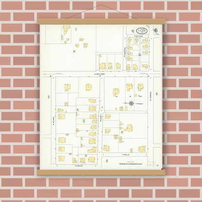 Old map wall art mockup — magnetic wood frame on brick wall — Sanborn Fire Insurance Map from Tyler, Smith County, Texas (1912), Sheet #0006