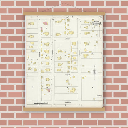Old map wall art mockup — magnetic wood frame on brick wall — Sanborn Fire Insurance Map from Gainesville, Cooke County, Texas (1897), Sheet #0002