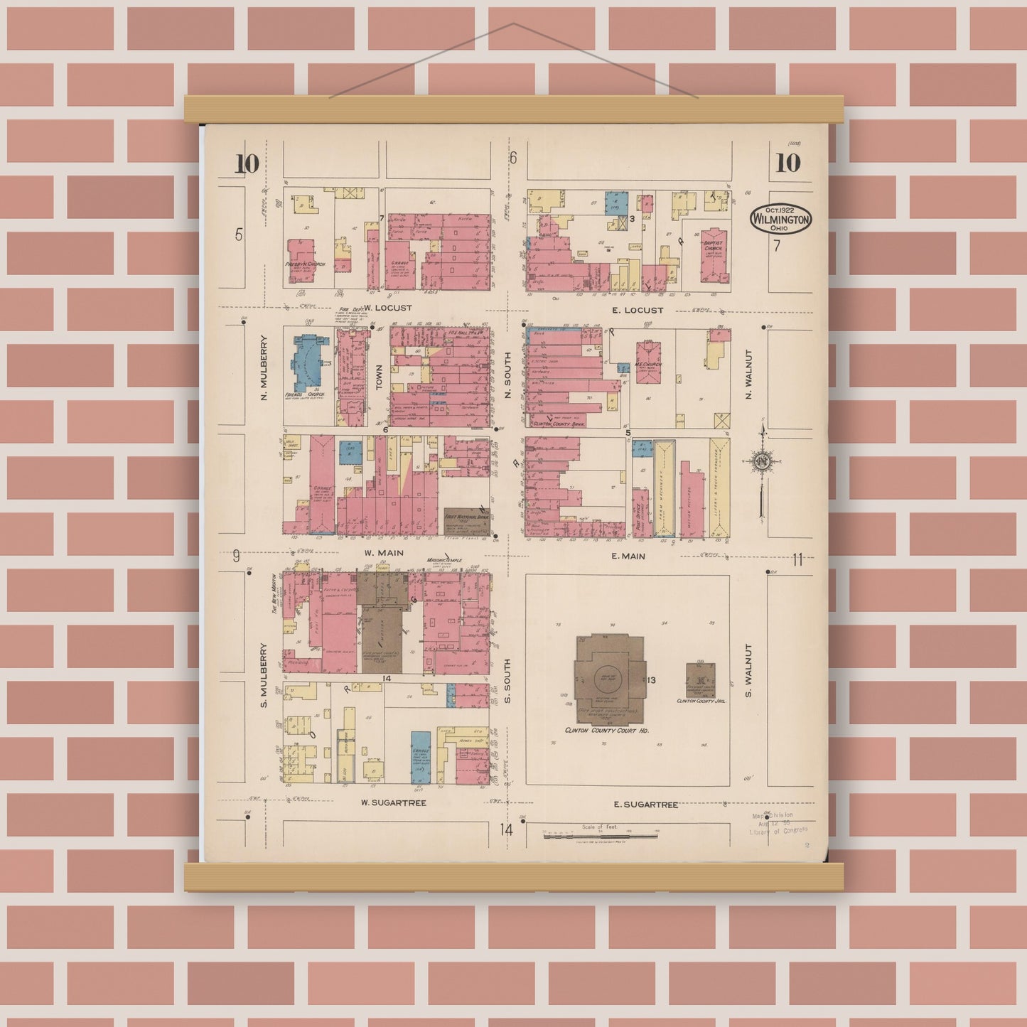 Old map wall art mockup — magnetic wood frame on brick wall — Sanborn Fire Insurance Map from Wilmington, Clinton County, Ohio (1922), Sheet #0010
