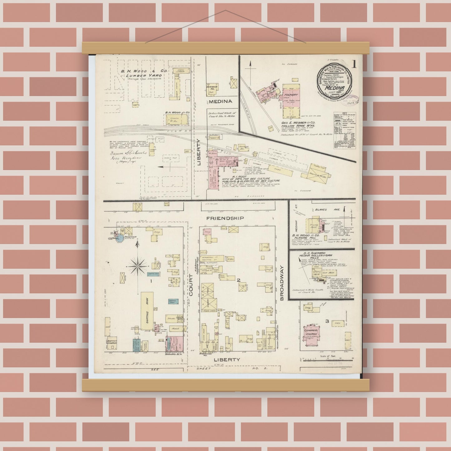 Old map wall art mockup — magnetic wood frame on brick wall — Sanborn Fire Insurance Map from Medina, Medina County, Ohio (1885), Sheet #0001