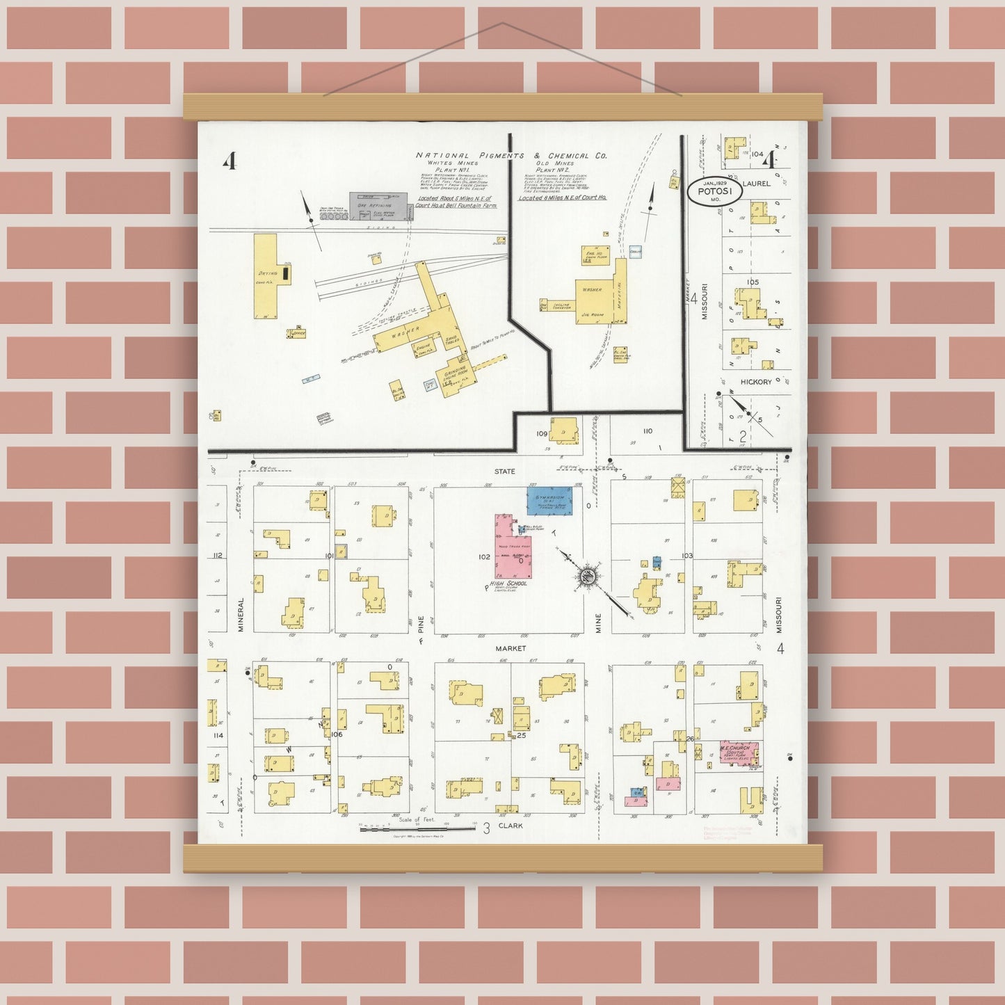 Old map wall art mockup — magnetic wood frame on brick wall — Sanborn Fire Insurance Map from Potosi, Washington County, Missouri (1929), Sheet #0004
