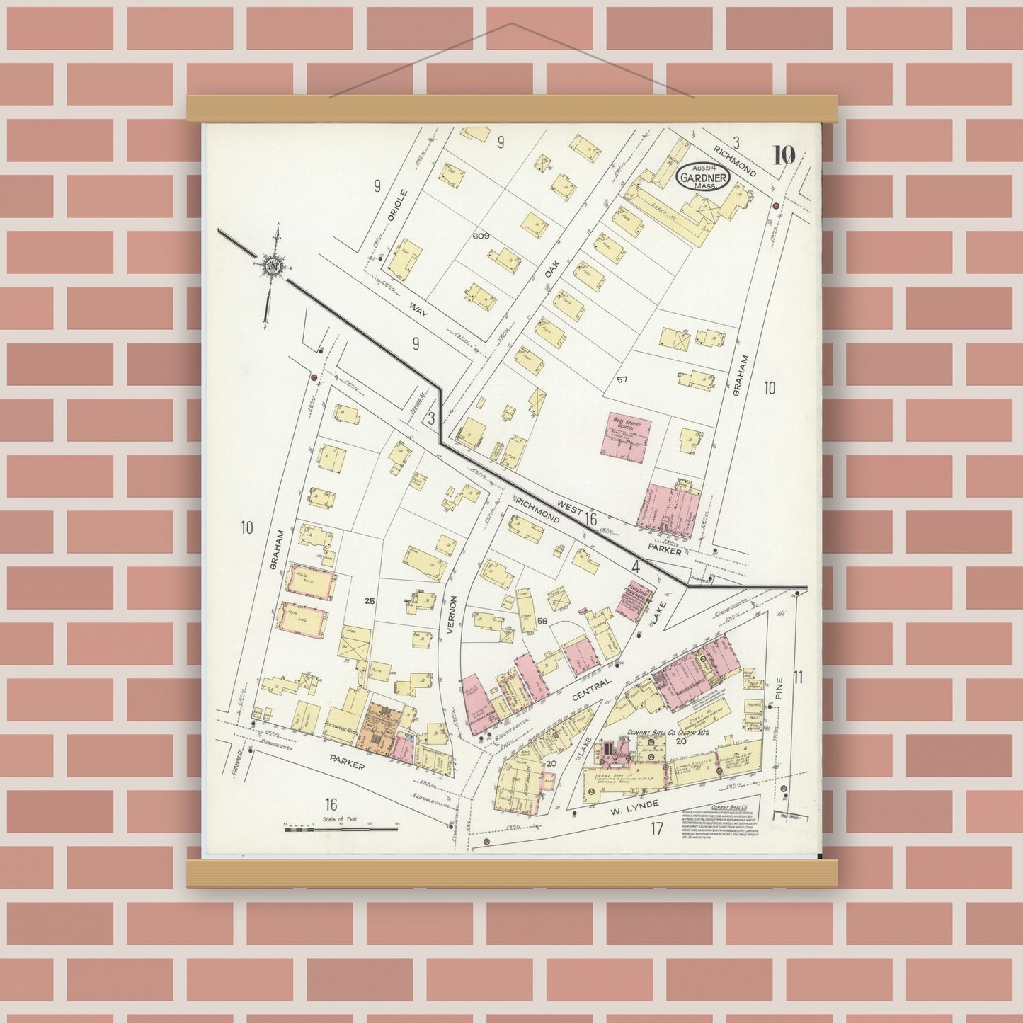 Old map wall art mockup — magnetic wood frame on brick wall — Sanborn Fire Insurance Map from Gardner, Worcester County, Massachusetts (1914), Sheet #0010
