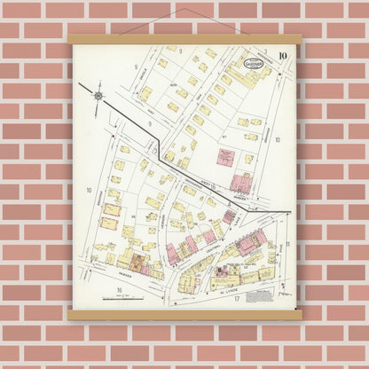 Old map wall art mockup — magnetic wood frame on brick wall — Sanborn Fire Insurance Map from Gardner, Worcester County, Massachusetts (1914), Sheet #0010