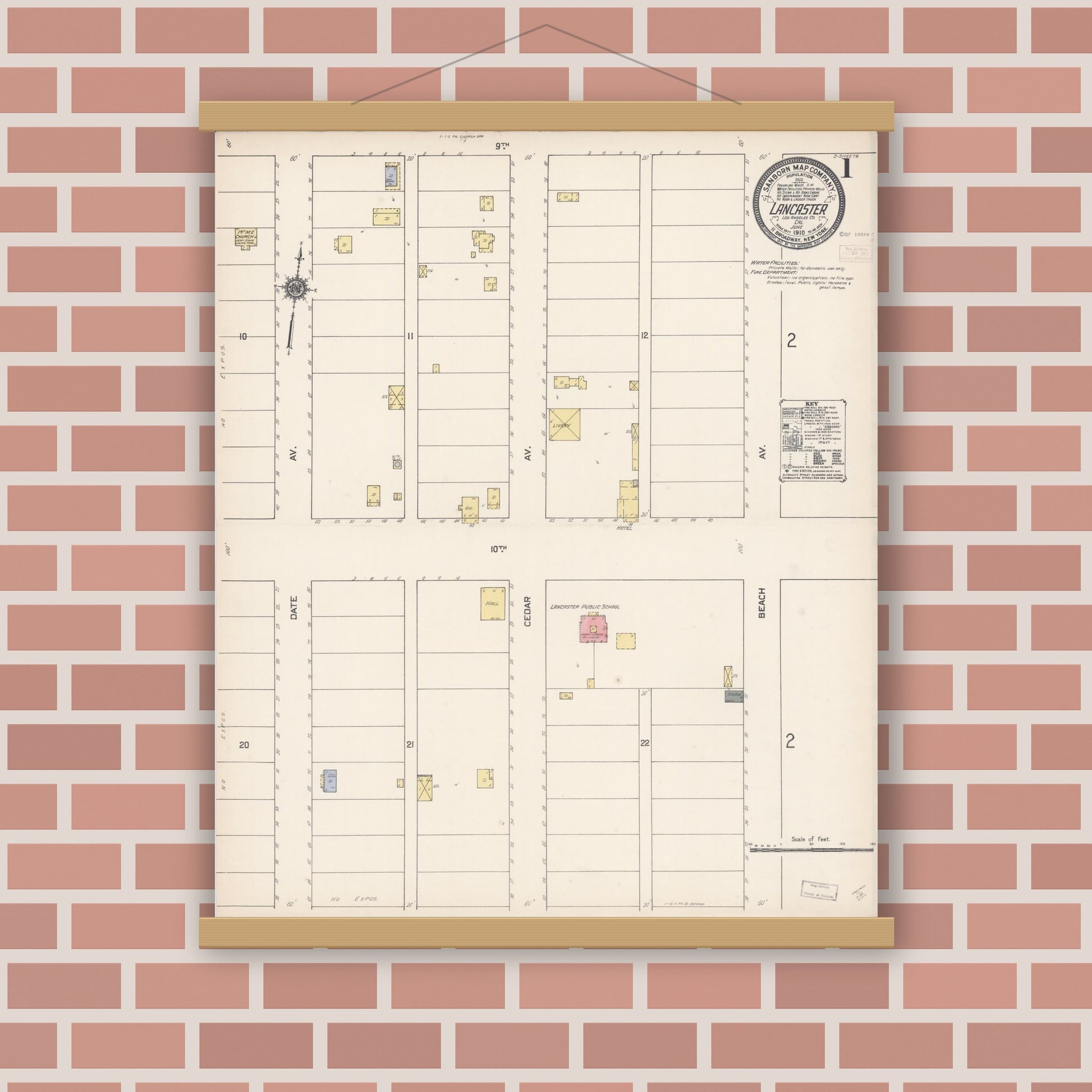 Old map wall art mockup — magnetic wood frame on brick wall — Sanborn Fire Insurance Map from Lancaster, Los Angeles County, California (1910), Sheet #0001