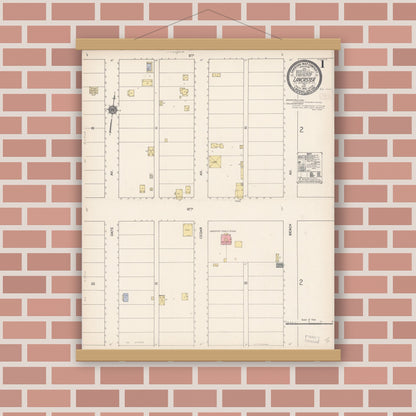 Old map wall art mockup — magnetic wood frame on brick wall — Sanborn Fire Insurance Map from Lancaster, Los Angeles County, California (1910), Sheet #0001